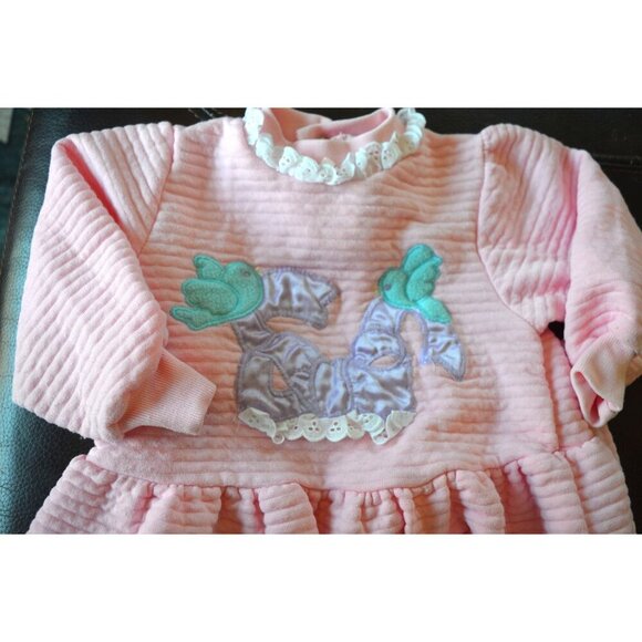 Vintage 90s Baby Girl Outfit 3 Piece Ribbon Birds Ruffled Size 24 Months Pink - Picture 2 of 5